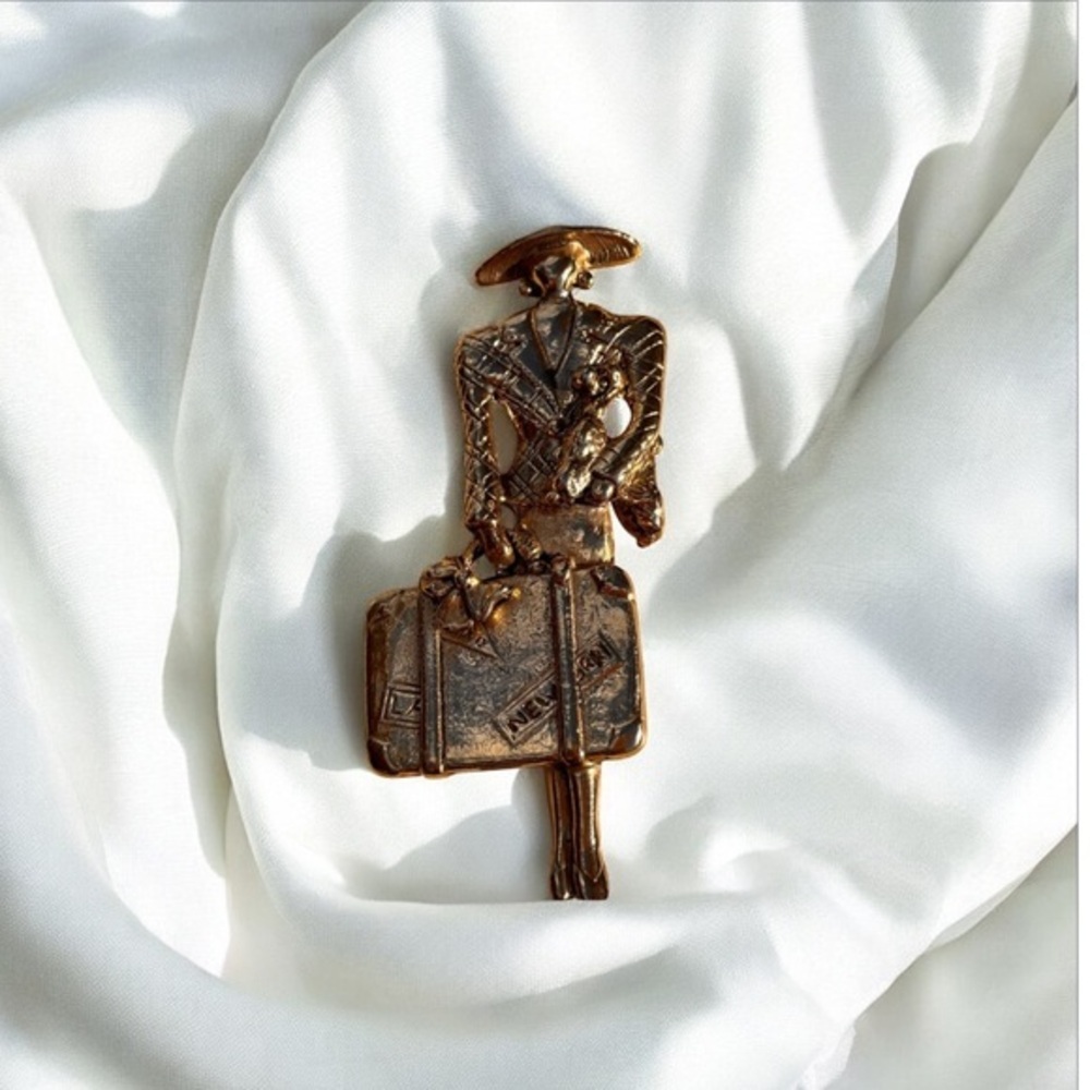 Vintage Gold Tone Metal Traveling Lady With Suitcase and Dog Art Deco Brooch Pin